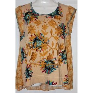 Ivu Jane Embroidered Floral Tunic Top SZ Large Artisan Textured Substantial Sun